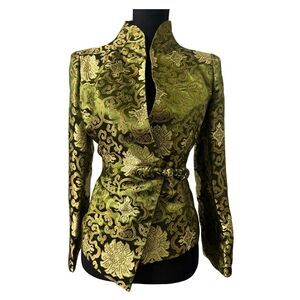 Vintage 60s Green Chinese Silk Victorian Regencycore Brocade Jacket Size S M